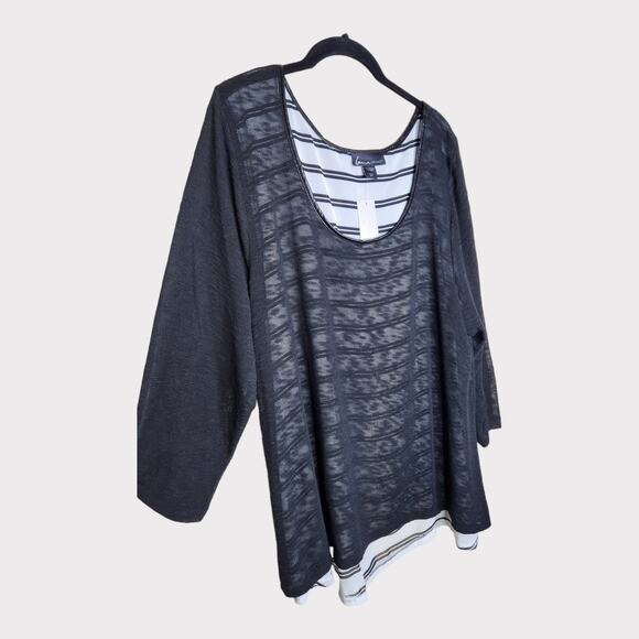 NEW Lane Bryant Plus 26/28 Black Sheer Overlay Tunic Blouse White Stripe Base - Picture 3 of 8
